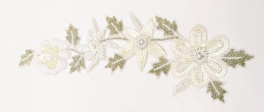 White Floral Applique Hand Embroidered with White Sequins, White Beads, Bugle Beads and Silver Beads